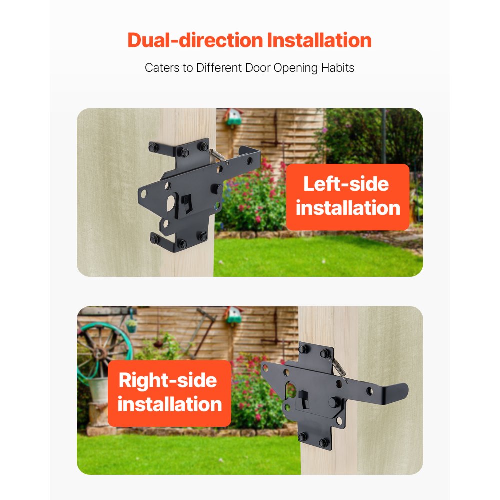 VEVOR Self-Locking Gate Latch, Metal Heavy Duty Automatic Gravity Lever, Door Latch Hardware with Multiple Lock Holes, Matte Powder Coating Finish, Ideal for Fence, Garage, Pool, Garden, Black