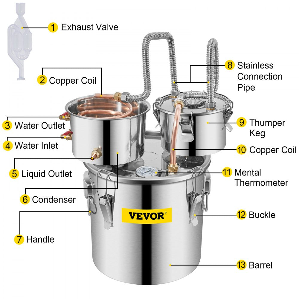 VEVOR Moonshine Still Distiller 3Gal 12L Stainless Steel Water Distiller Copper Tube with Circulating Pump Home Brewing Kit Build-in Thermometer for DIY Whisky Wine Brandy Spirits