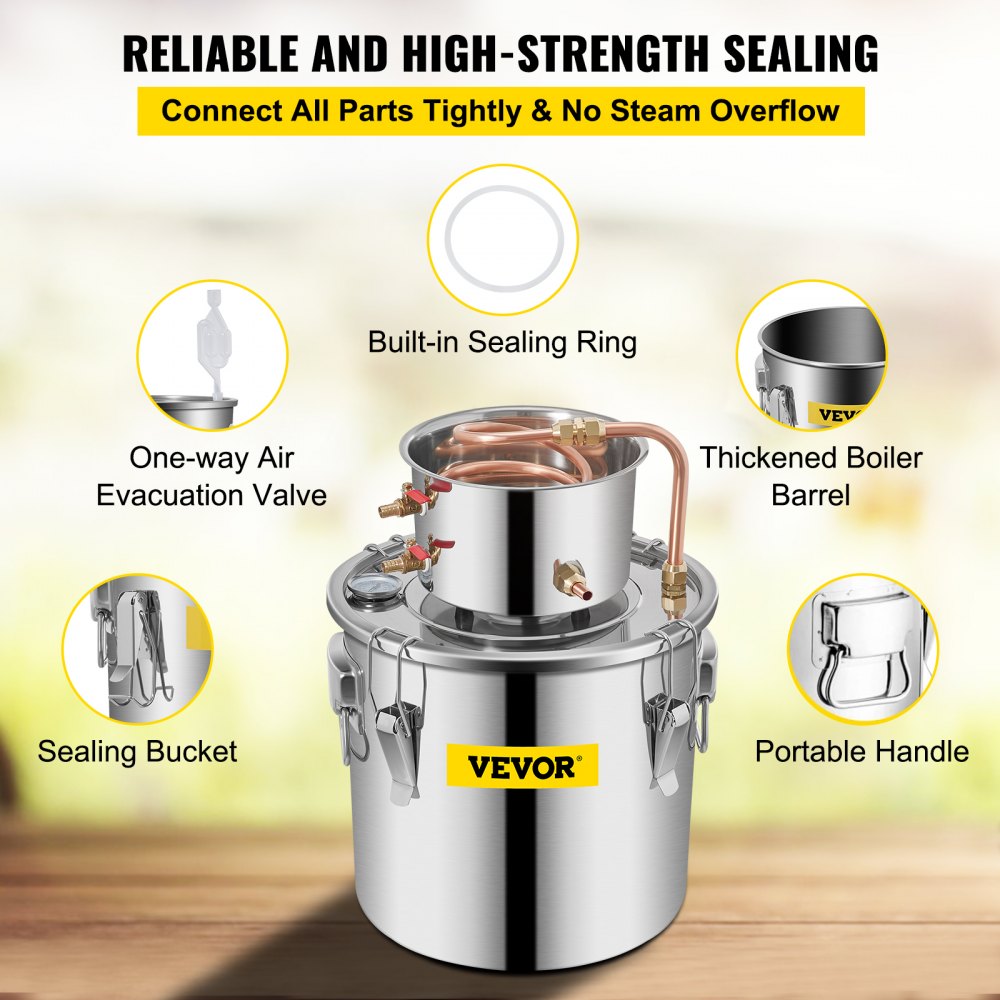 VEVOR Alcohol Still 3Gal/12L Stainless Steel Alcohol Distiller Copper Tube Home Brewing Kit Build-in Thermometer for DIY Whisky Wine Brandy, Silver