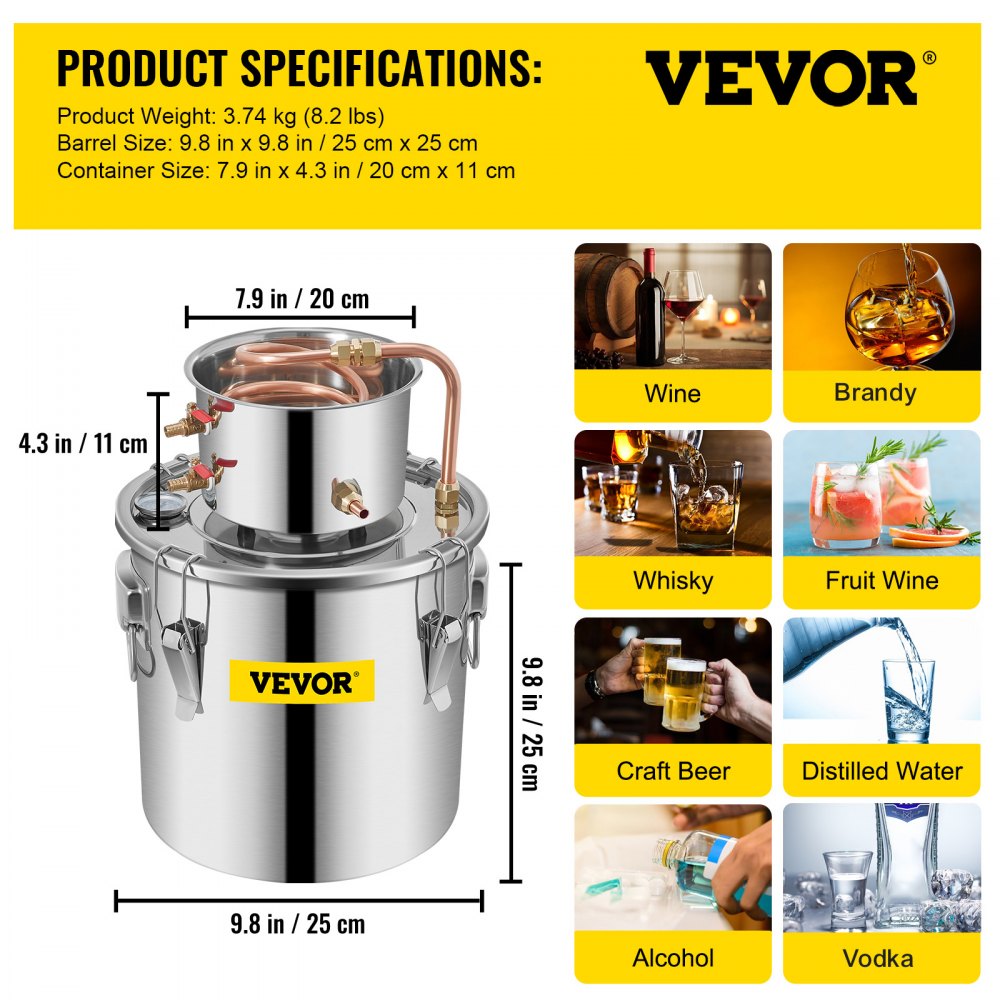 VEVOR Alcohol Still 3Gal/12L Stainless Steel Alcohol Distiller Copper Tube Home Brewing Kit Build-in Thermometer for DIY Whisky Wine Brandy, Silver