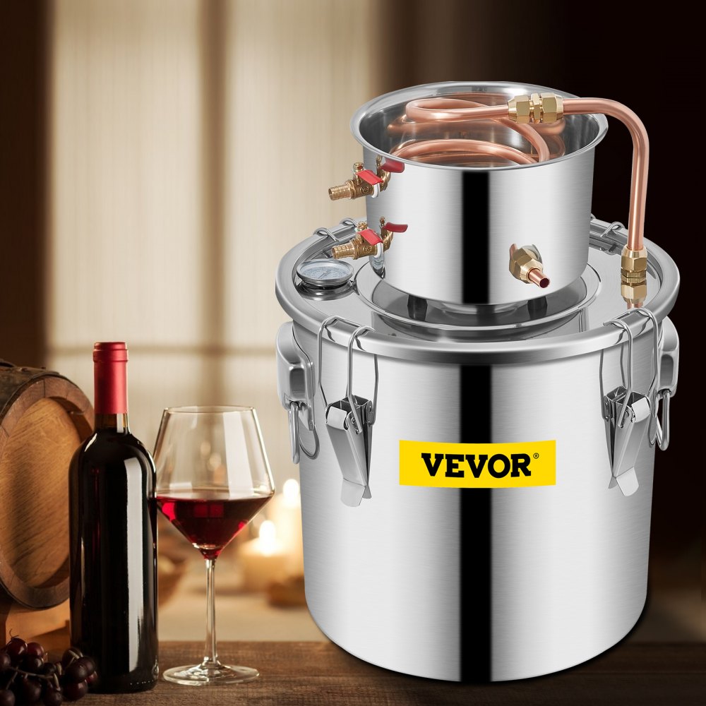 VEVOR Alcohol Still 3Gal/12L Stainless Steel Alcohol Distiller Copper Tube Home Brewing Kit Build-in Thermometer for DIY Whisky Wine Brandy, Silver