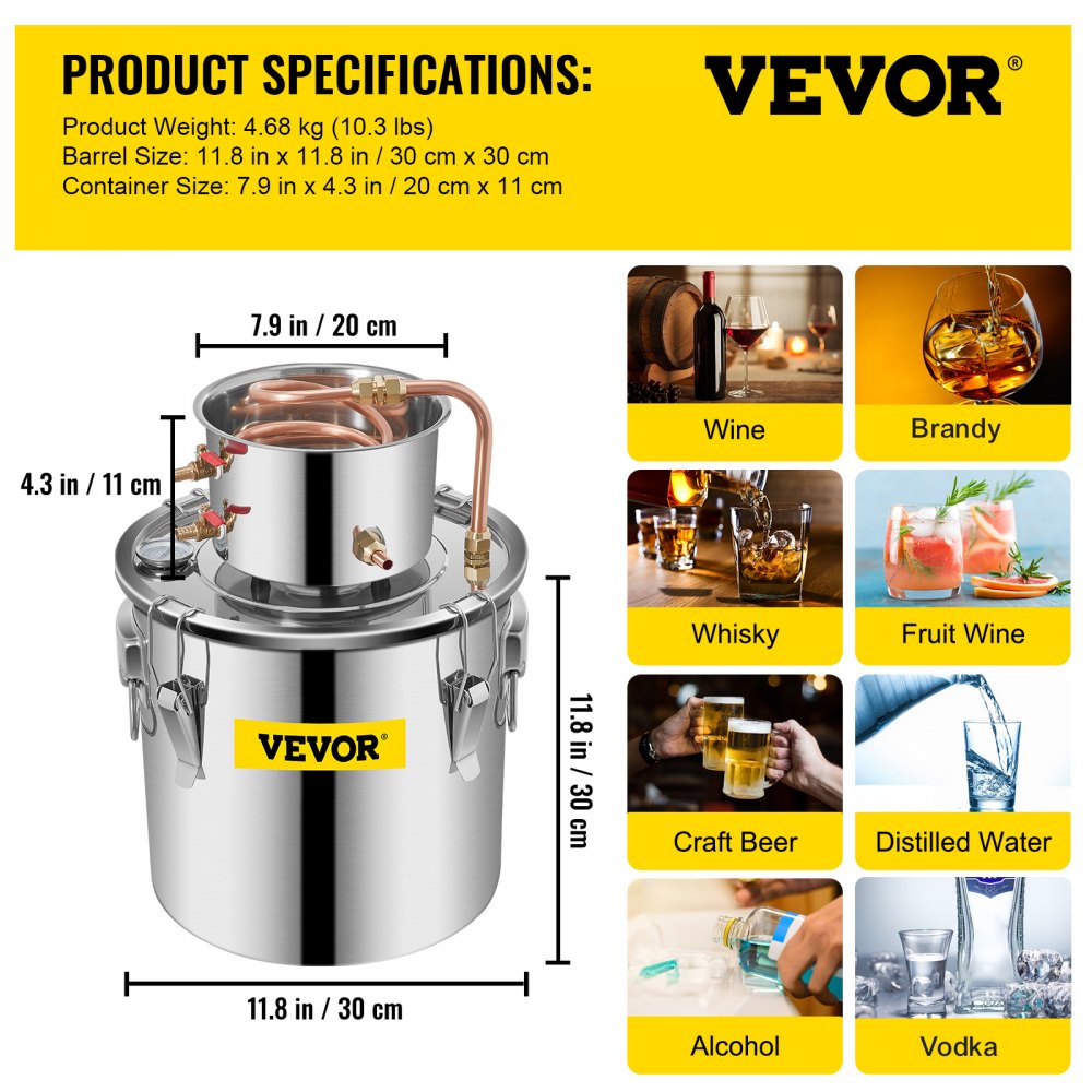 VEVOR Alcohol Still 5Gal/21L, Alcohol Distiller with Circulating Pump, Alcohol Still Copper Tube, Whiskey Distilling Kit with Build-In Thermometer, Whiskey Making Kit for DIY Alcohol, Stainless Steel