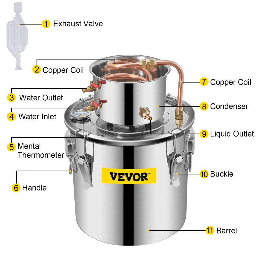 VEVOR Alcohol Still 5Gal/21L, Alcohol Distiller with Circulating Pump, Alcohol Still Copper Tube, Whiskey Distilling Kit with Build-In Thermometer, Whiskey Making Kit for DIY Alcohol, Stainless Steel
