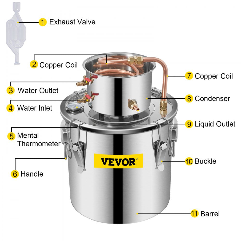 VEVOR Moonshine Still Distiller 5Gal 21L Stainless Steel Water Distiller Copper Tube Home Brewing Kit Build-in Thermometer for DIY Whisky Wine Brandy Sliver