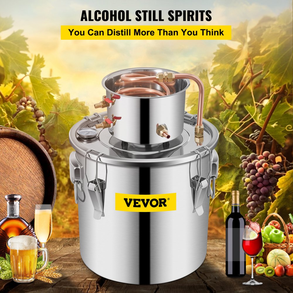 VEVOR Alcohol Still 9.6Gal/38L, Alcohol Distiller with Circulating Pump, Alcohol Still Copper Tube, Whiskey Distilling Kit with Build-In Thermometer, Whiskey Making Kit for DIY Alcohol, Stainless Stee