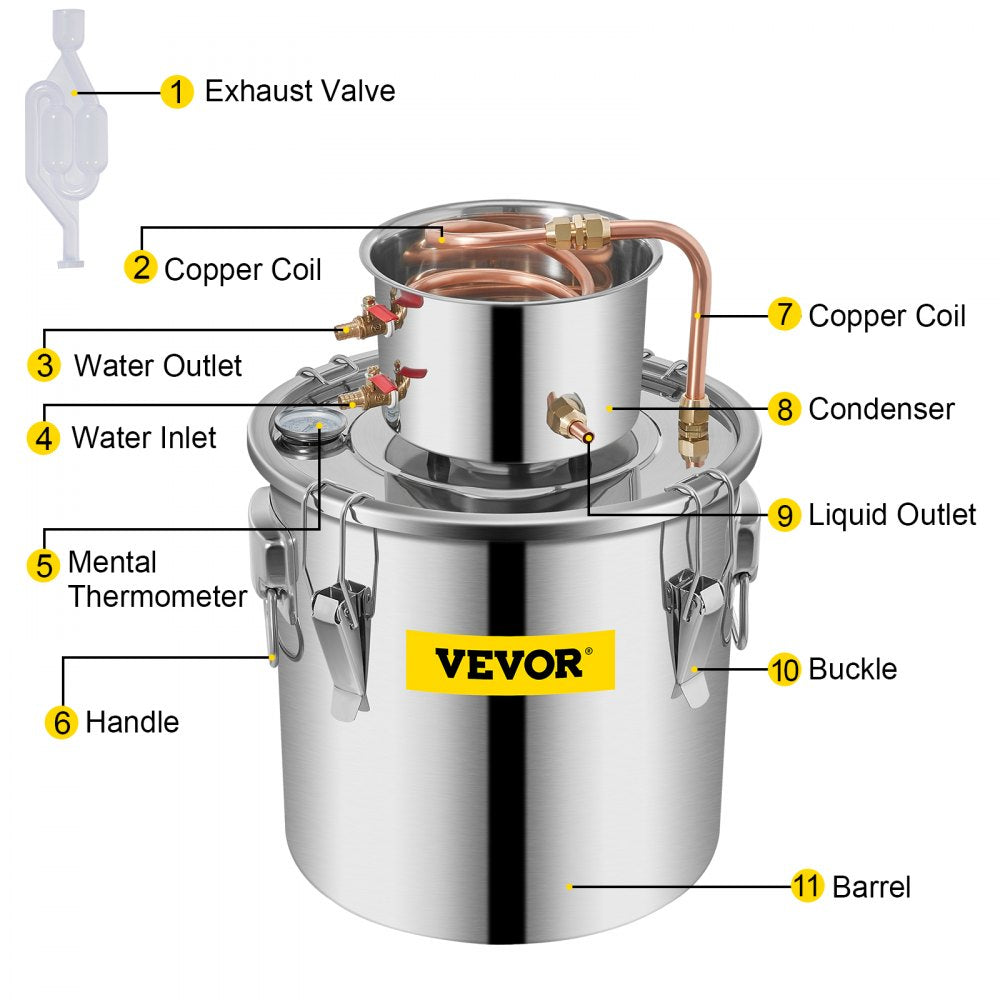 VEVOR Alcohol Still 9.6Gal/38L, Alcohol Distiller with Circulating Pump, Alcohol Still Copper Tube, Whiskey Distilling Kit with Build-In Thermometer, Whiskey Making Kit for DIY Alcohol, Stainless Stee