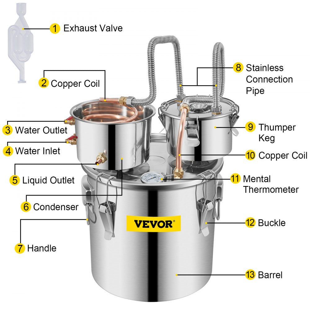 VEVOR Moonshine Still Stainless Steel Water Alcohol Distiller Copper Tube With Circulating Pump Home Brewing Kit Build-in Thermometer for DIY Whisky Wine Brandy Spirits