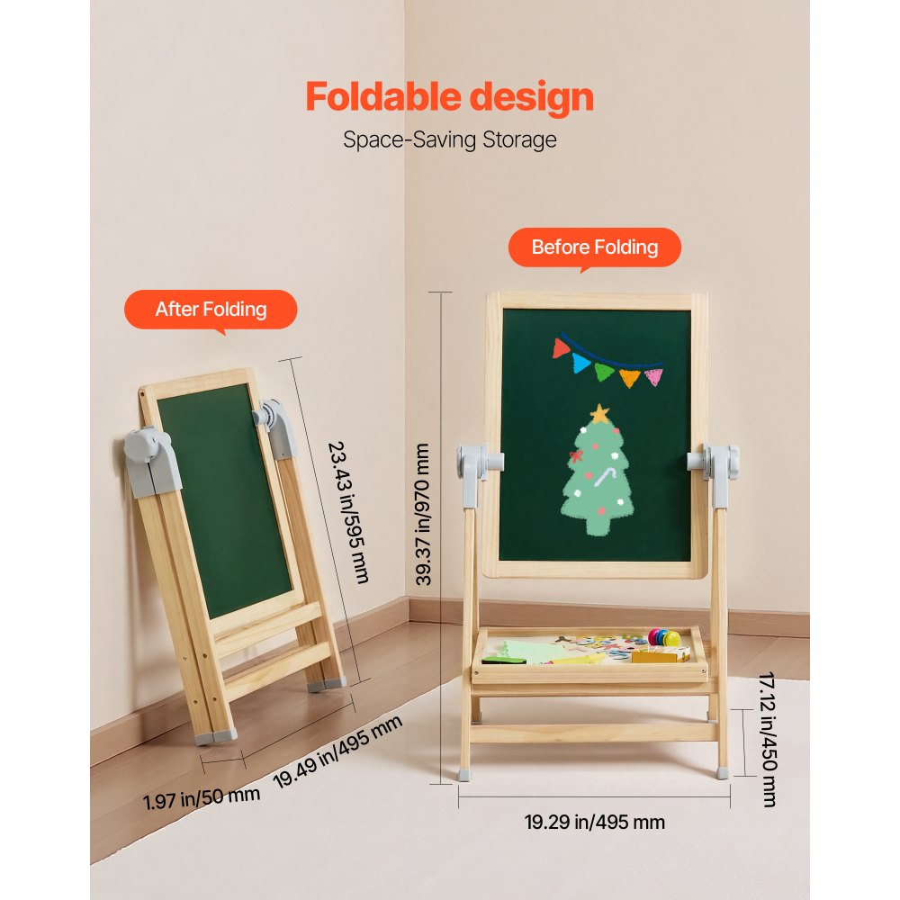 VEVOR Art Easel for Kids, 2-in-1 Wooden Double-Sided Kid's Art Easel with Magnetic Whiteboard & Chalkboard, Adjustable Standing Rotatable Foldable Drawing Board with Painting Accessories for Boy Girl