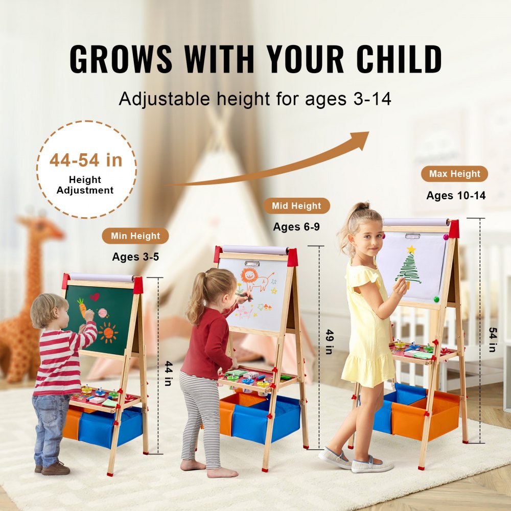 VEVOR Art Easel for Kids, 3-in-1 Wooden Double-Sided Kid's Art Easel with Magnetic Whiteboard, Chalkboard, Paper Roll, Adjustable Standing Drawing Board with Painting Accessories, Storage for Boy Girl