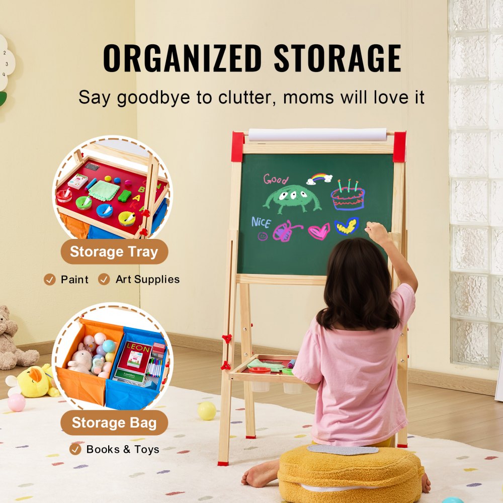 VEVOR Art Easel for Kids, 3-in-1 Wooden Double-Sided Kid's Art Easel with Magnetic Whiteboard, Chalkboard, Paper Roll, Adjustable Standing Drawing Board with Painting Accessories, Storage for Boy Girl