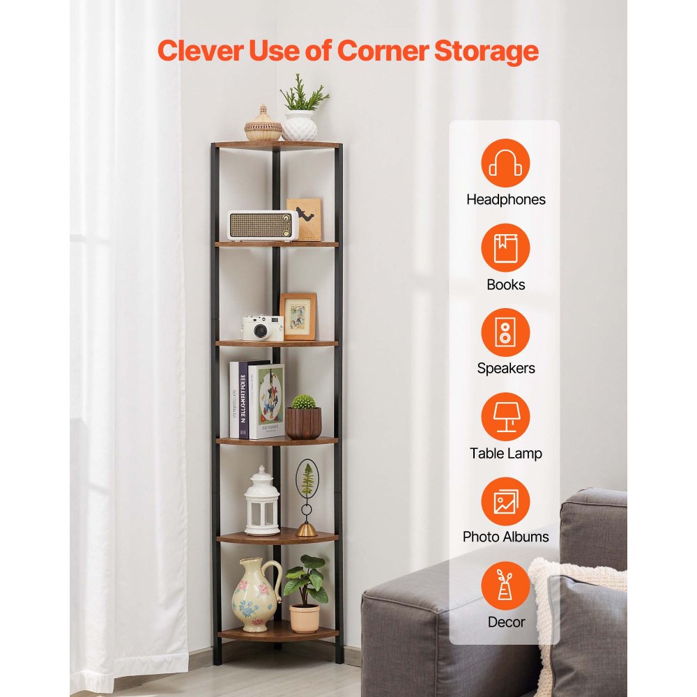 VEVOR 6 Tier Corner Shelf with LED Light, 68" Tall Corner Bookshelf with Storage Shelves for Collectibles, Display Shelf with Multi-color Lights Controlled Via RC/APP for Bedroom, Living Room, Office