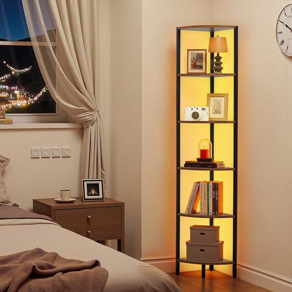 VEVOR 6 Tier Corner Shelf with LED Light, 68" Tall Corner Bookshelf with Storage Shelves for Collectibles, Display Shelf with Multi-color Lights Controlled Via RC/APP for Bedroom, Living Room, Office