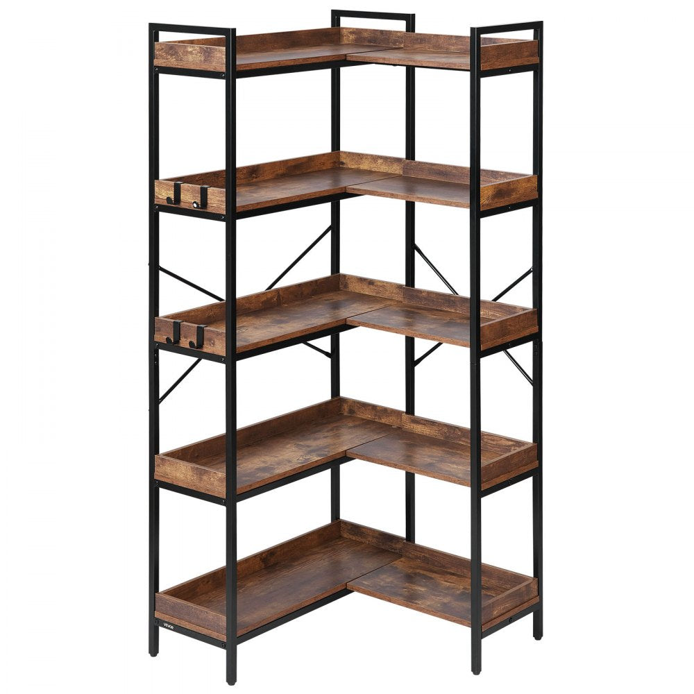 VEVOR 5 Tier Corner Bookshelf with 4 Hooks, 65.4" Tall Corner Bookcase with Heavy Duty Metal Frame & Wooden Shelves, Industrial L Shaped Corner Display Shelf for Bedroom, Living Room, Office