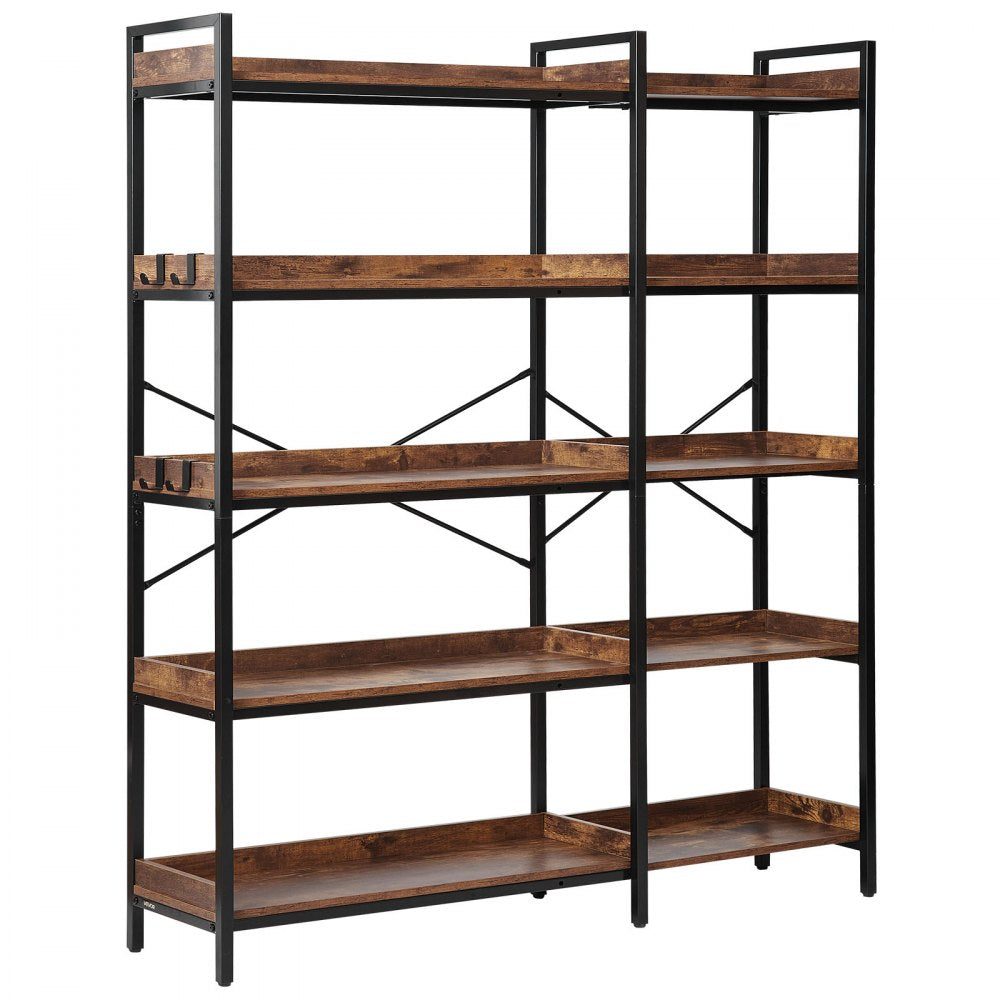 VEVOR 5 Tier Corner Bookshelf with 4 Hooks, 65.4" Tall Corner Bookcase with Heavy Duty Metal Frame & Wooden Shelves, Industrial L Shaped Corner Display Shelf for Bedroom, Living Room, Office