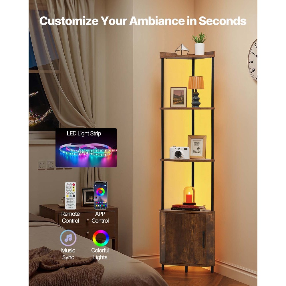 VEVOR 5 Tier Corner Shelf with LED Light, 65.4" Tall Corner Bookshelf with Storage Cabinet, Display Shelf with Multi-color Lights Controlled Via RC/APP for Bedroom, Living Room, Office