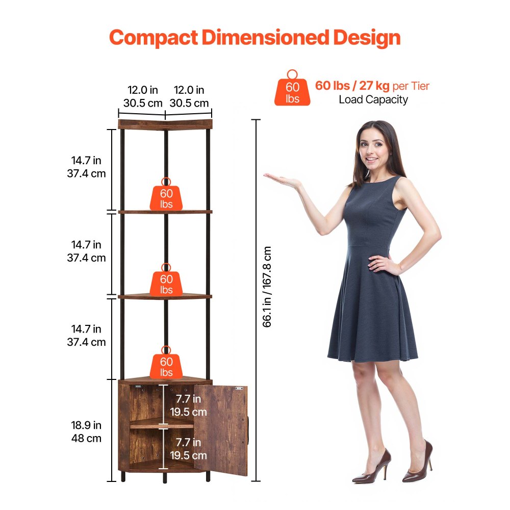 VEVOR 5 Tier Corner Shelf with LED Light, 65.4" Tall Corner Bookshelf with Storage Cabinet, Display Shelf with Multi-color Lights Controlled Via RC/APP for Bedroom, Living Room, Office