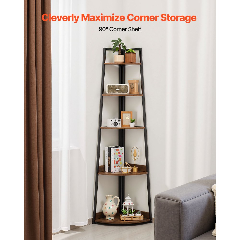 VEVOR 5 Tier Corner Shelf, 70" Tall Corner Bookshelf with Metal Frame & Wooden Shelves, Industrial Corner Ladder Shelf for Living Room, Bedroom, Office, Rustic Brown