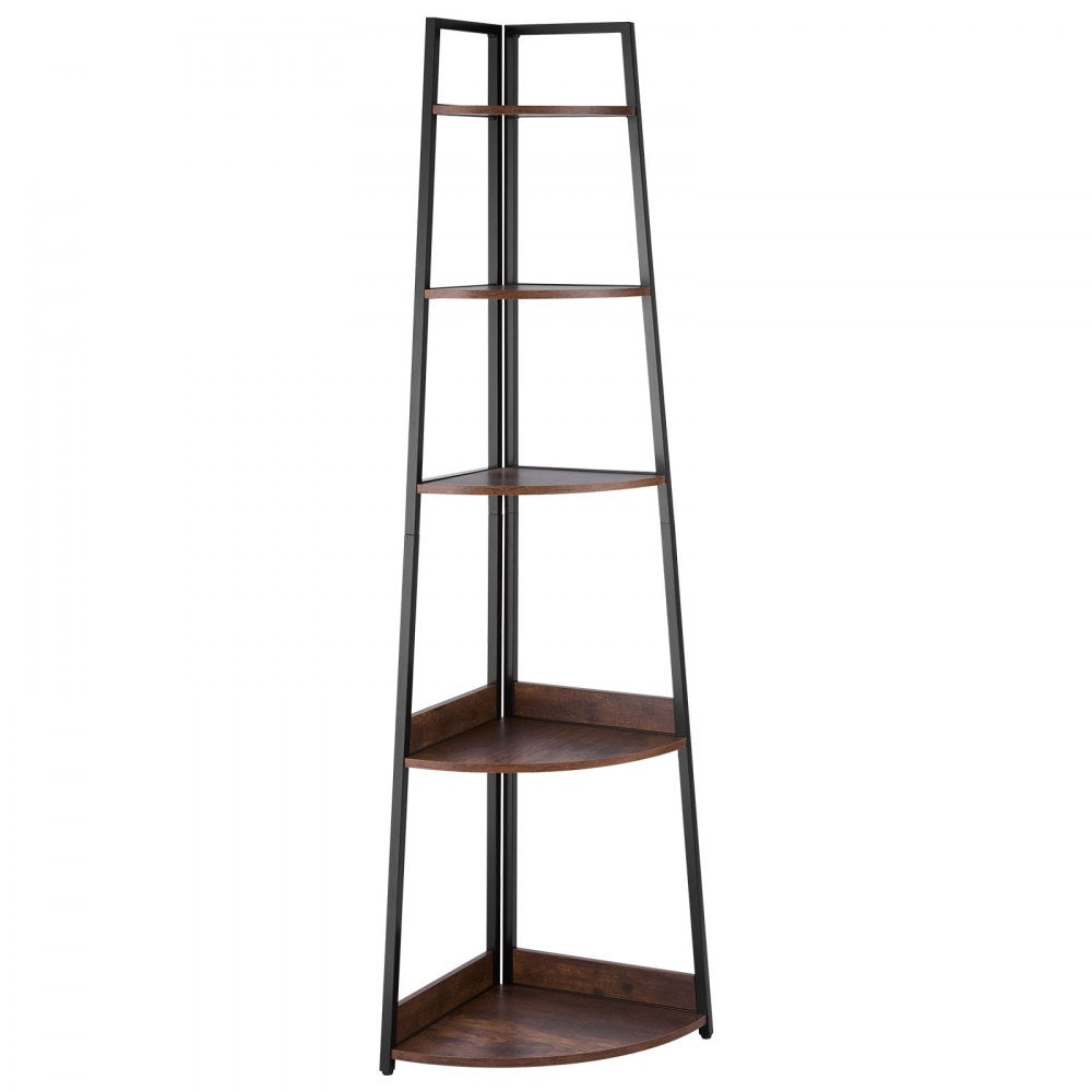 VEVOR 5 Tier Corner Shelf, 70" Tall Corner Bookshelf with Metal Frame & Wooden Shelves, Industrial Corner Ladder Shelf for Living Room, Bedroom, Office, Rustic Brown