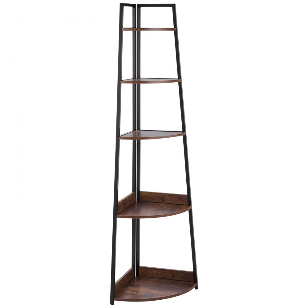 VEVOR 5 Tier Corner Shelf, 70" Tall Corner Bookshelf with Metal Frame & Wooden Shelves, Industrial Corner Ladder Shelf for Living Room, Bedroom, Office, Rustic Brown