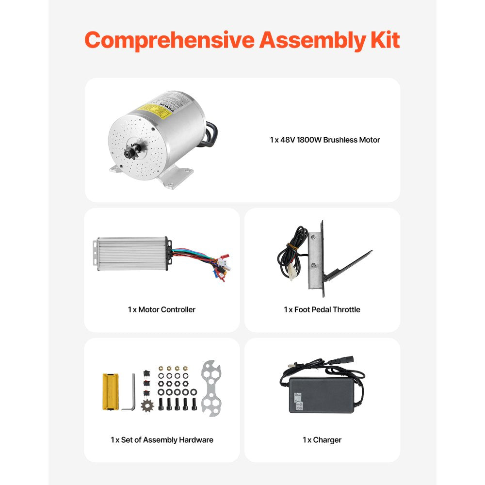 VEVOR 1800W Electric Brushless DC Motor Kit - 48V 4500rpm Motor with Upgraded Speed Controller and Foot Pedal Throttle Kit for Go Karts E-Bike Motorcycle Scooter DIY