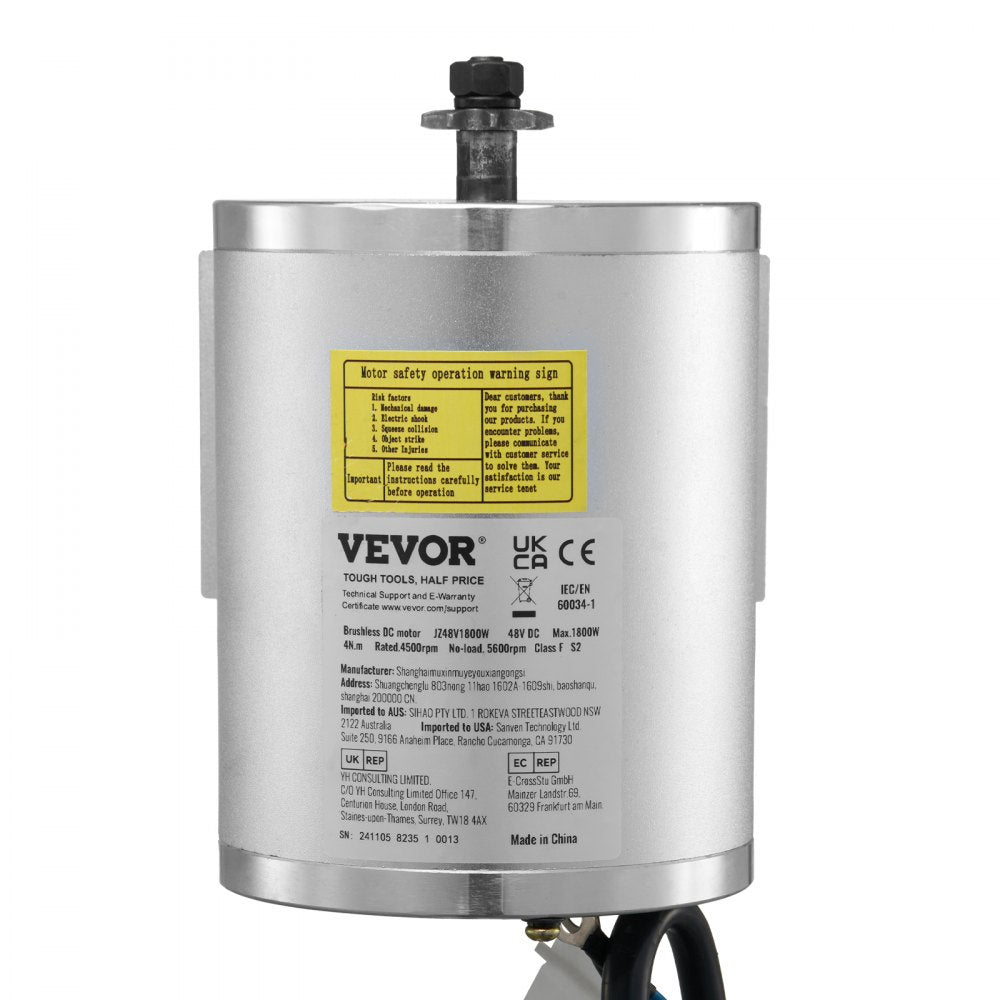 VEVOR 1800W Electric Brushless DC Motor Kit - 48V 4500rpm Motor with Upgraded Speed Controller and Foot Pedal Throttle Kit for Go Karts E-Bike Motorcycle Scooter DIY