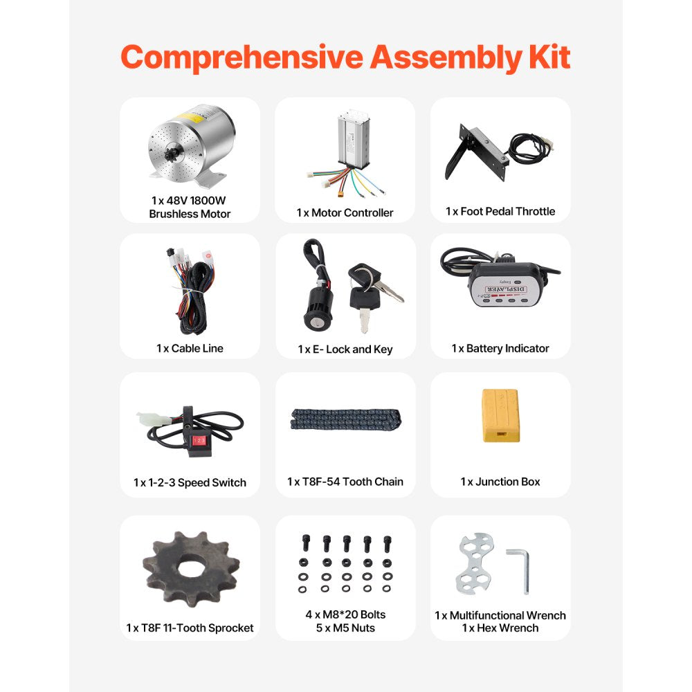 VEVOR 1800W Electric Brushless DC Motor Kit - 48V 4500rpm Motor with Upgraded Speed Controller, Foot Pedal and Throttle Grip Kit for Go Karts E-Bike Motorcycle Scooter