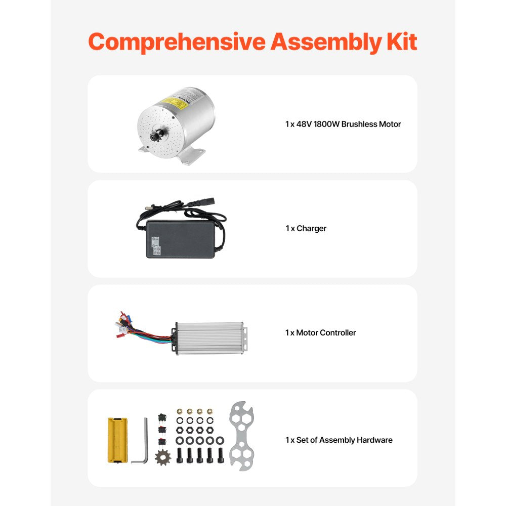 VEVOR 1800W Electric Brushless DC Motor Kit - 48V 4500rpm Motor with Upgraded Speed Controller for Go Karts E-Bike Motorcycle Scooter
