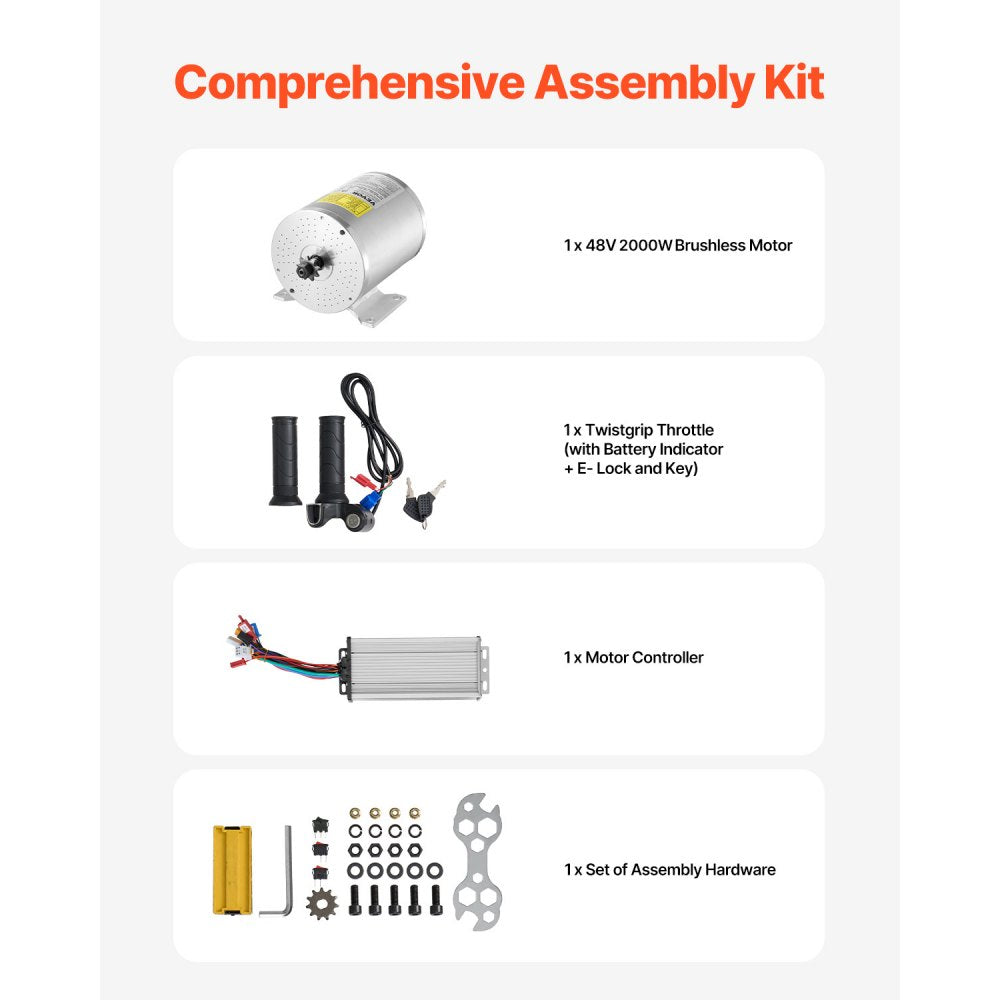 VEVOR 2000W Electric Brushless DC Motor Kit - 48V 4300rpm Motor with Upgraded Speed Controller and Throttle Grip Kit for Go Karts E-Bike Motorcycle Scooter DIY