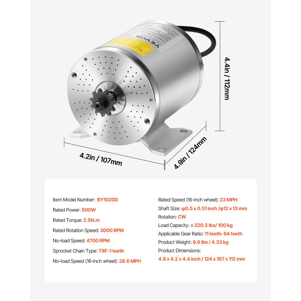 VEVOR 500W Electric Brushless DC Motor Kit - 36V 3000rpm Motor with Upgraded Speed Controller, Throttle Grip Kit for Go Karts E-Bike Motorcycle Scooter