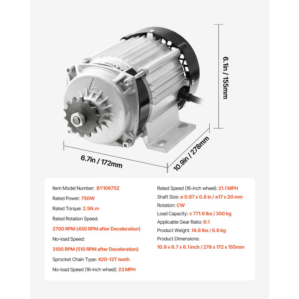 VEVOR 750W Electric Brushless DC Motor Kit - 48V 2700rpm Motor with Upgraded Speed Controller for Go Karts E-Bike Motorcycle Scooter