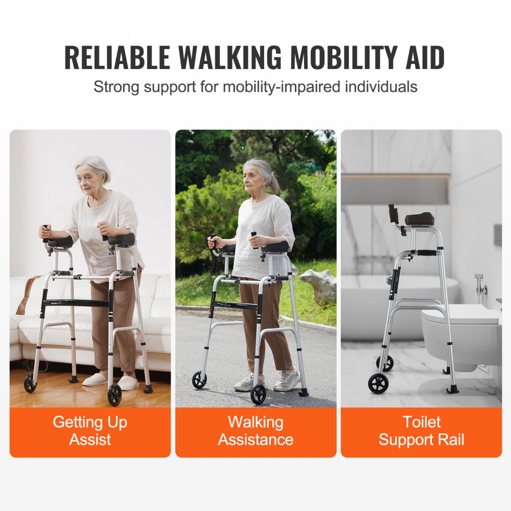 VEVOR 2 in 1 Folding Walker & Removable Armrests, Height Adjustable Foldable Walker with 5" Solid Wheels, Lightweight Aluminum | Front Wheeled Mobility Aid for Elderly Handicapped Disabled, 450 Pounds