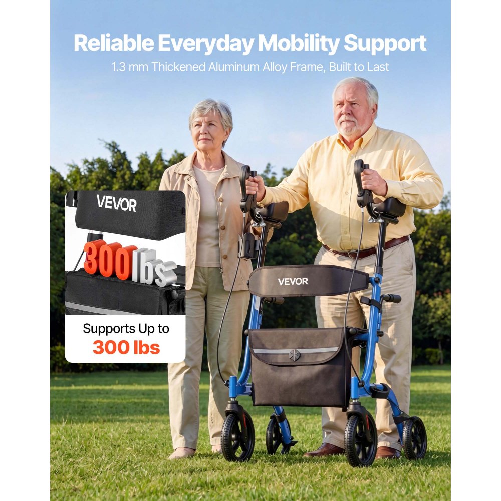 VEVOR Rollator Walker with Seat for Seniors, Foldable Rolling Walker, Lightweight Aluminum Mobility Walking Aid with PU Solid Wheels, Adjustable Handle, Storage Bag, Cup/Cane Holder - Supports 300LBS