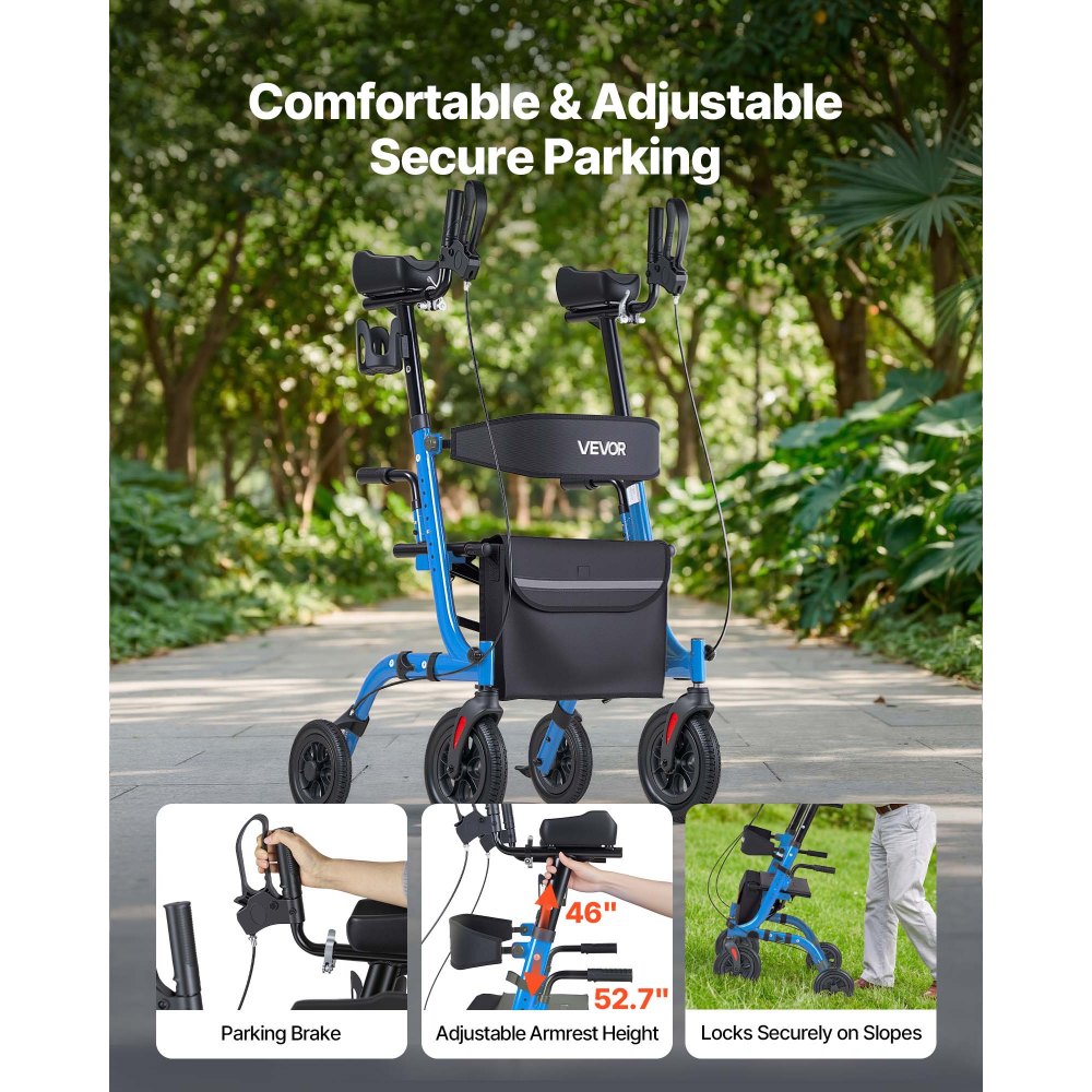 VEVOR Rollator Walker with Seat for Seniors, Foldable Rolling Walker, Lightweight Aluminum Mobility Walking Aid with PU Solid Wheels, Adjustable Handle, Storage Bag, Cup/Cane Holder - Supports 300LBS