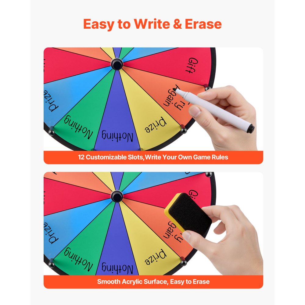 VEVOR 12 in Spinning Prize Wheel, 12 Slots Spinning Wheel with Stand, Tabletop Win Fortune Roulette with a Dry Erase and 2 Markers, 6 Colors, Easy Assembly, for Party Pub Trade Show Carnival Events