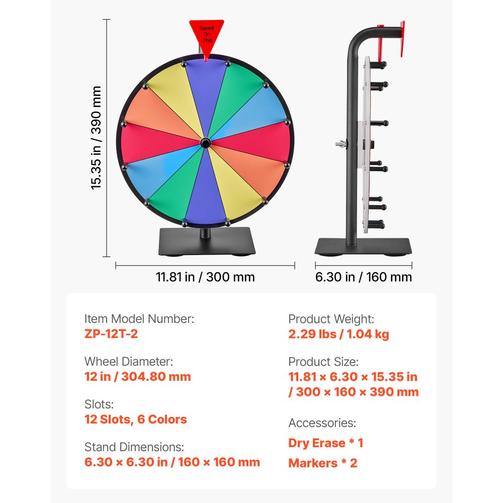 VEVOR 12 in Spinning Prize Wheel, 12 Slots Spinning Wheel with Stand, Tabletop Win Fortune Roulette with a Dry Erase and 2 Markers, 6 Colors, Easy Assembly, for Party Pub Trade Show Carnival Events