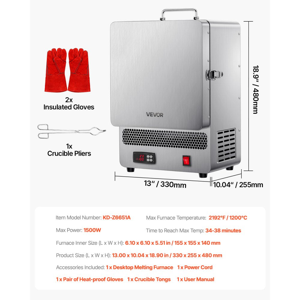 VEVOR Tabletop Kiln Melter, 1500W Electric Kiln, 2192℉ Max Temperature, Stainless Steel, Programmable Gold Melting Furnace for Wax Casting, Clay DIY, Metal Tempering, Glazing on Pottery, Silver