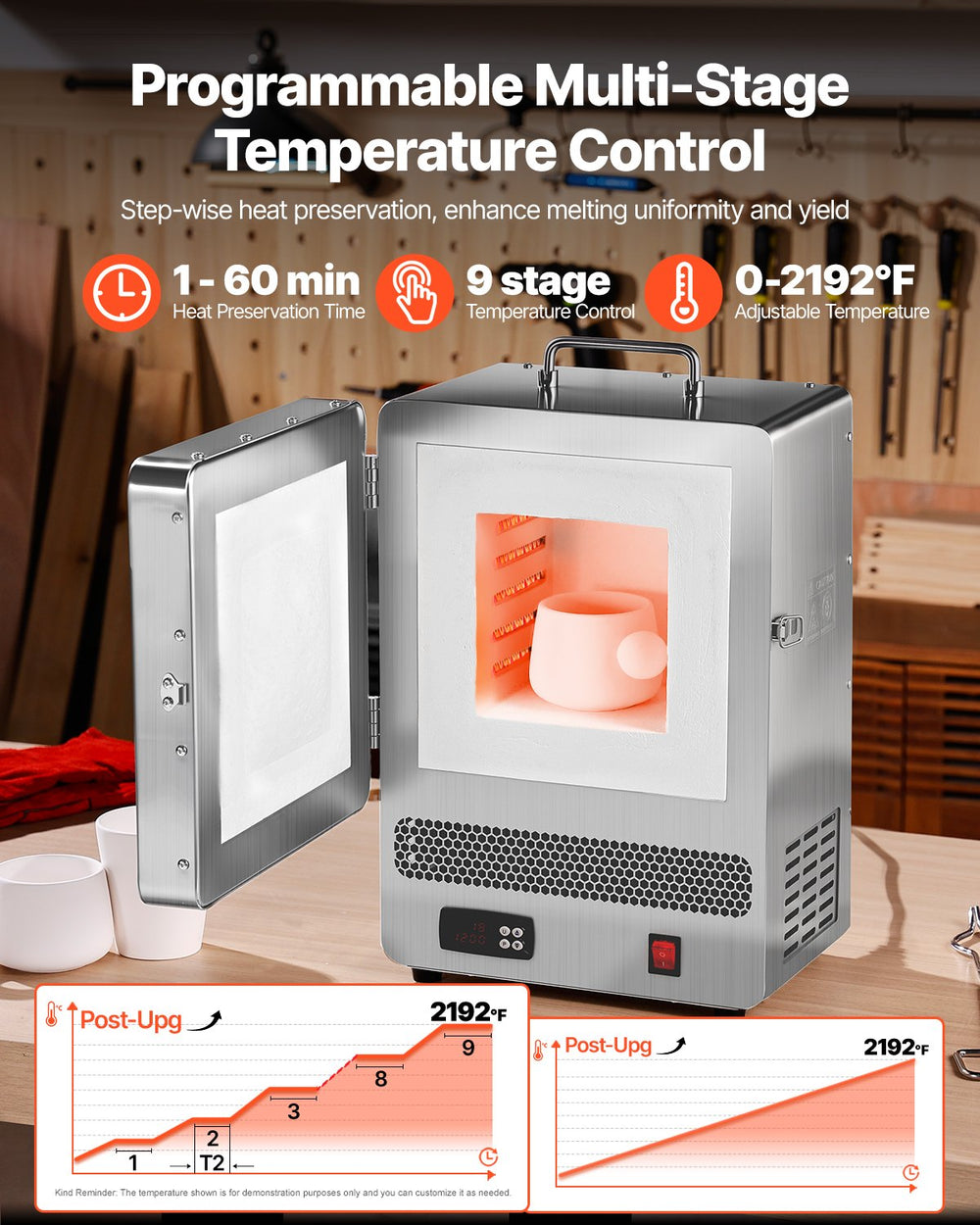 VEVOR Tabletop Kiln Melter, 1500W Electric Kiln, 2192℉ Max Temperature, Stainless Steel, Programmable Gold Melting Furnace for Wax Casting, Clay DIY, Metal Tempering, Glazing on Pottery, Silver