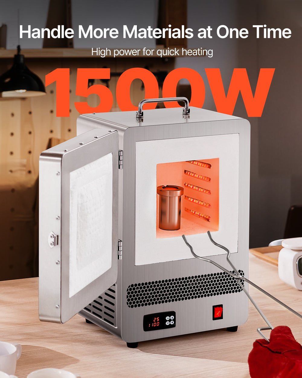 VEVOR Tabletop Kiln Melter, 1500W Electric Kiln, 2192℉ Max Temperature, Stainless Steel, Programmable Gold Melting Furnace for Wax Casting, Clay DIY, Metal Tempering, Glazing on Pottery, Silver
