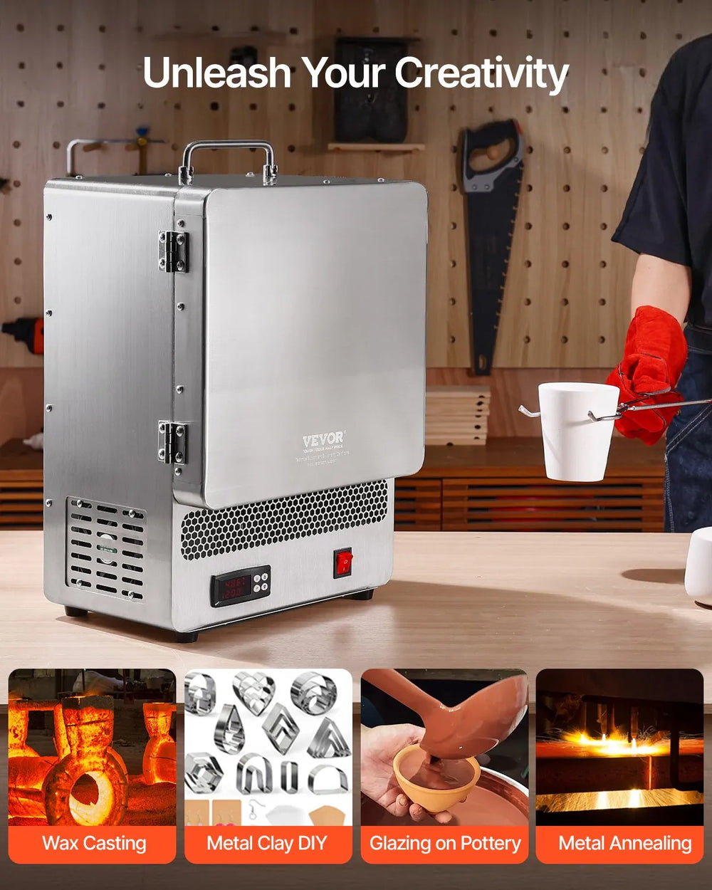 VEVOR Tabletop Kiln Melter, 1500W Electric Kiln, 2192℉ Max Temperature, Stainless Steel, Programmable Gold Melting Furnace for Wax Casting, Clay DIY, Metal Tempering, Glazing on Pottery, Silver