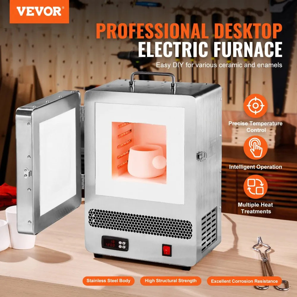 VEVOR Tabletop Kiln Melter, 1500W Electric Kiln, 2192℉ Max Temperature, Precise Control, Stainless Steel, Gold Melting Furnace for Wax Casting, Clay DIY, Metal Tempering, Glazing on Pottery, Silver