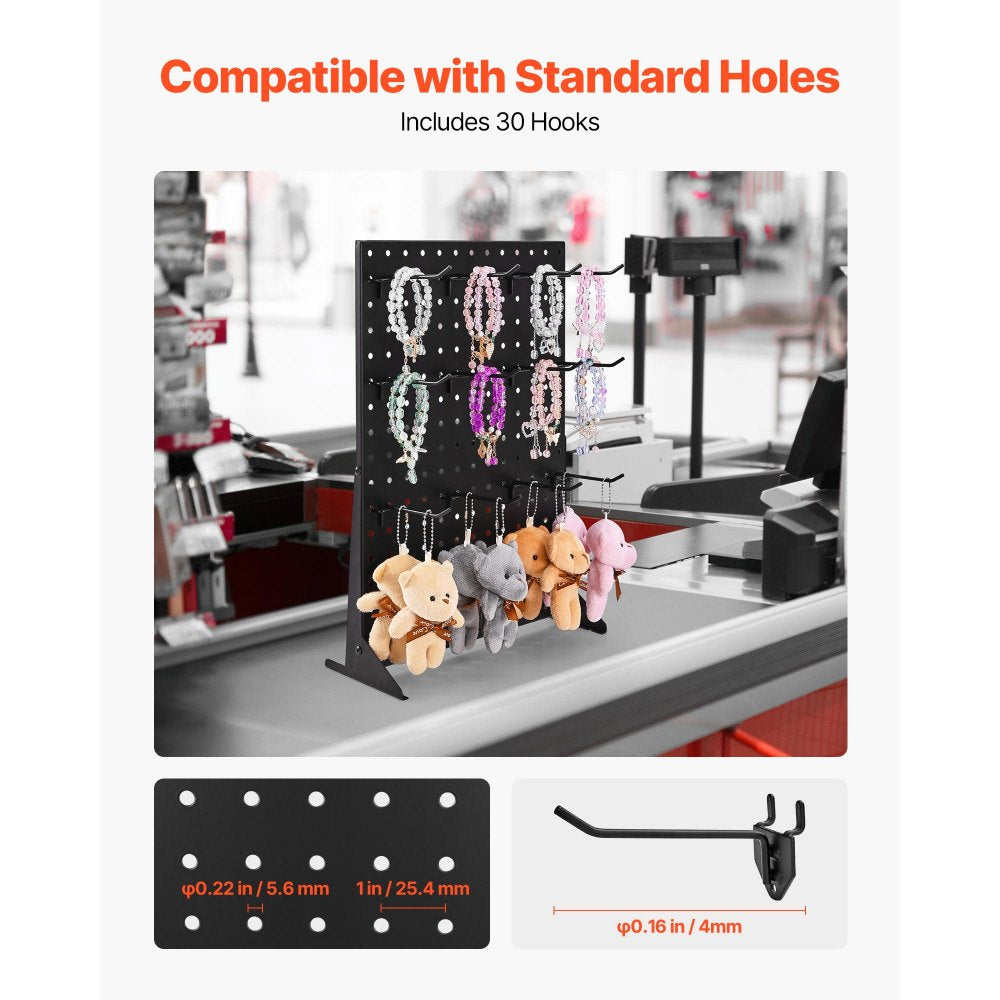 VEVOR Pegboard Display Stand, 17 x 13 Inch Tabletop Pegboard Display Stand with 30 Hooks, Thickened Cold-Rolled Steel Peg Board Panel for Grocery, Retail Store and Jewelry Shop, Black (2 PCS)