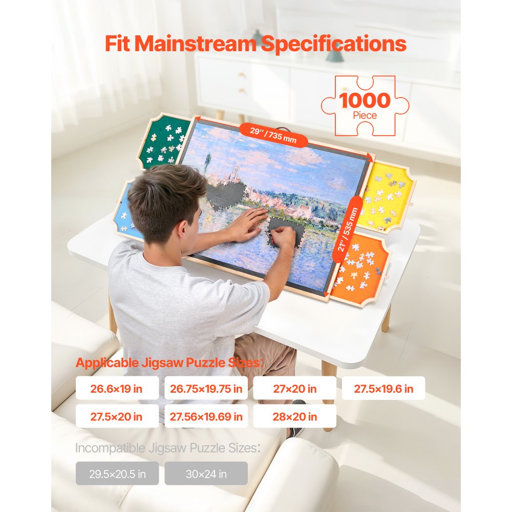 VEVOR 1000 Piece Rotating Puzzle Board with 4 Colorful Felt Drawers and Cover, 29x21 in Portable Wooden Table, Adjustable 2-Tilting-Angle Jigsaw Puzzle Accessories for Adults, Birthday Gift for Mom