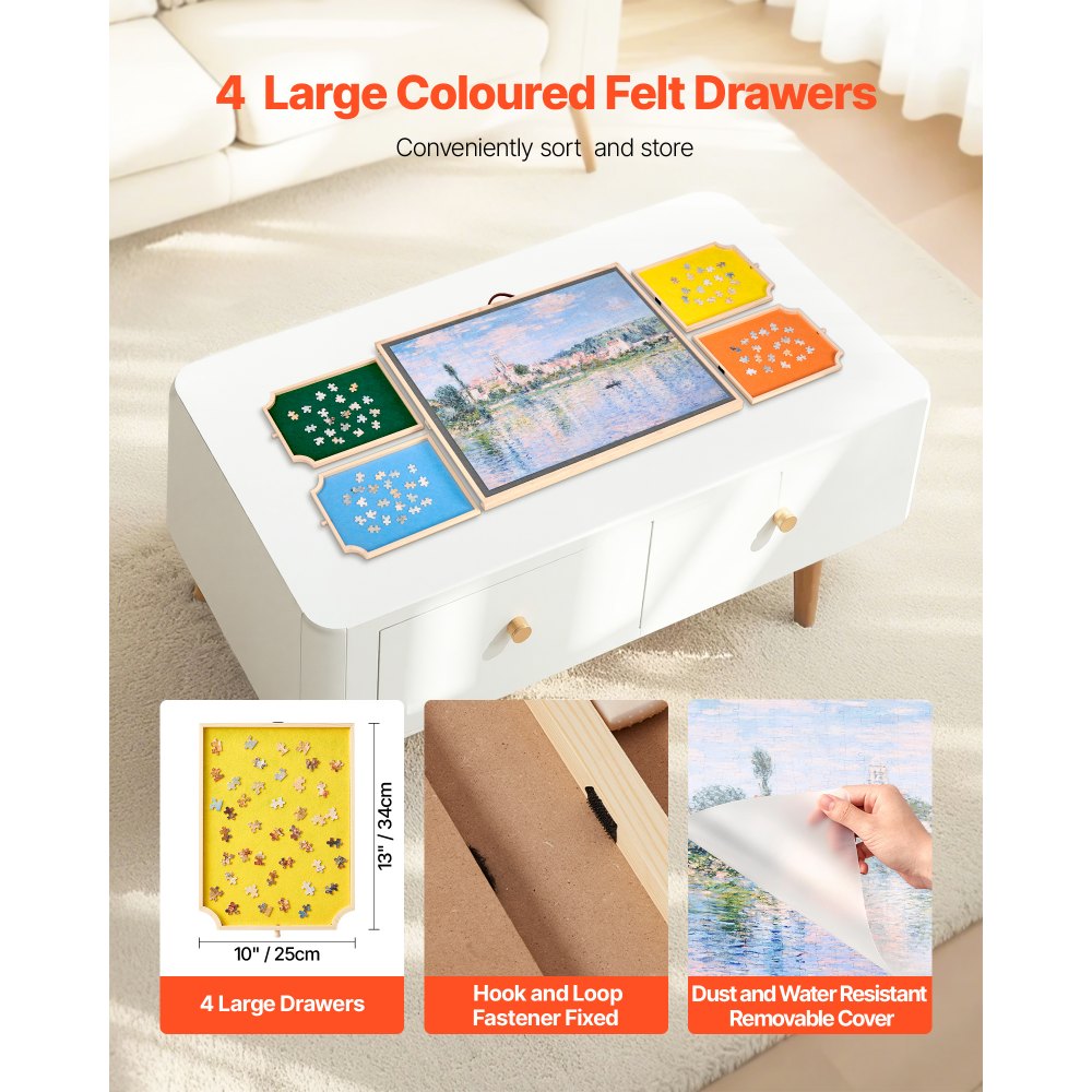 VEVOR 1000 Piece Rotating Puzzle Board with 4 Colorful Felt Drawers and Cover, 29x21 in Portable Wooden Table, Adjustable 2-Tilting-Angle Jigsaw Puzzle Accessories for Adults, Birthday Gift for Mom