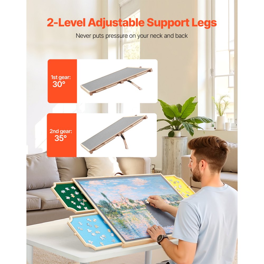 VEVOR 1000 Piece Rotating Puzzle Board with 4 Colorful Felt Drawers and Cover, 29x21 in Portable Wooden Table, Adjustable 2-Tilting-Angle Jigsaw Puzzle Accessories for Adults, Birthday Gift for Mom