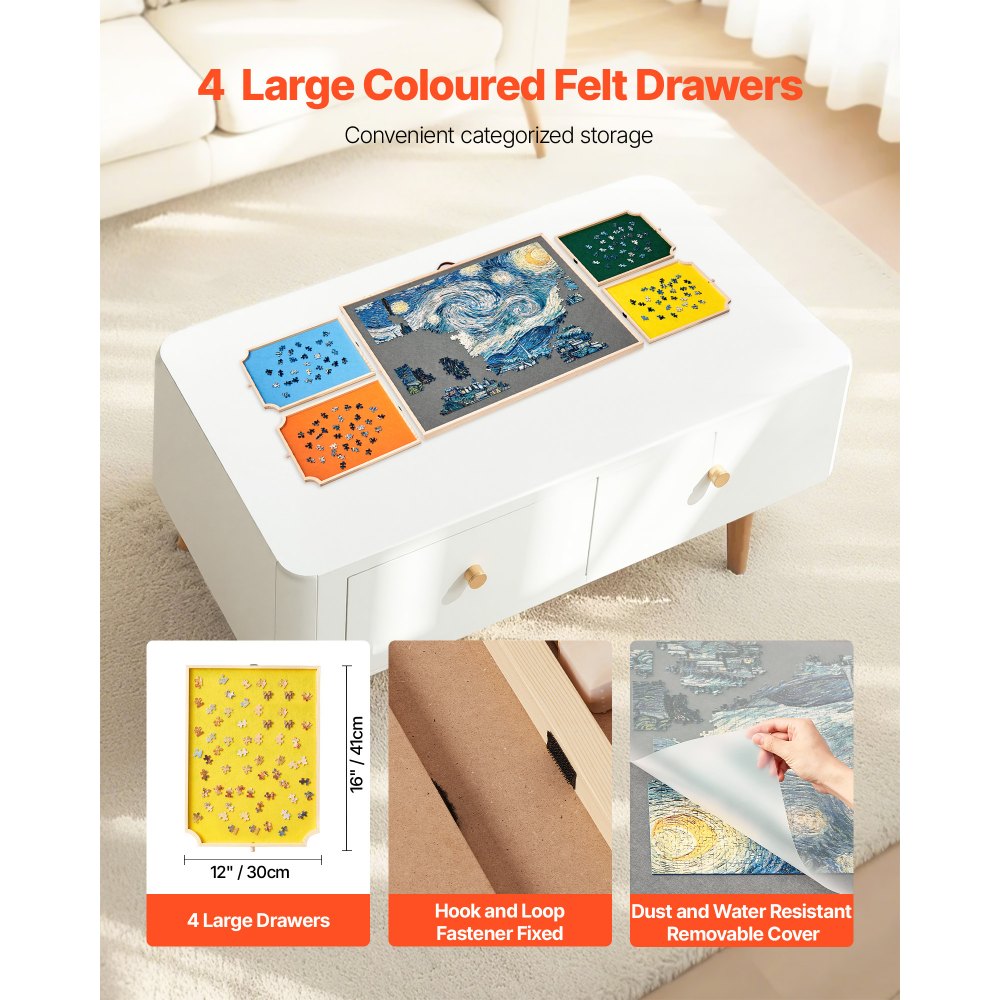 VEVOR 1500 Piece Rotating Puzzle Board with 4 Colorful Felt Drawers and Cover, 34x25 in Portable Wooden Table, Adjustable 2-Tilting-Angle Jigsaw Puzzle Accessories for Adults, Birthday Gift for Mom