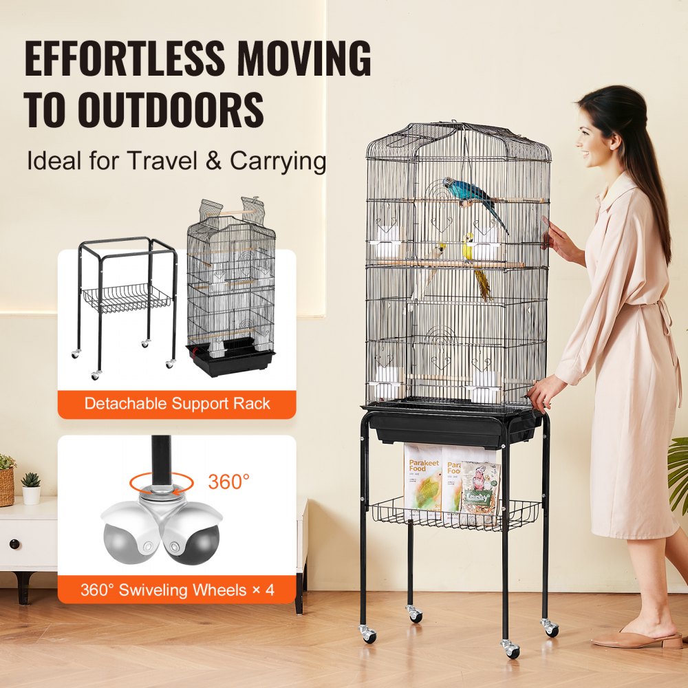 VEVOR 64-inch Open Top Large Parrot Bird Cage with Detachable Rolling Stand for Parakeets Finches Canaries Lovebirds Cockatiels Budgies Small Quaker Conures Flight Birdcage with Swing and Perch