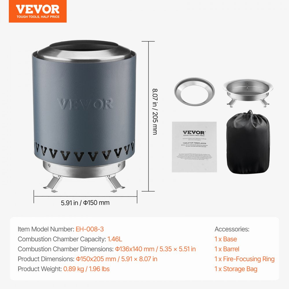 VEVOR Tabletop Fire Pit, 6 inch Stainless Steel Tabletop Fireplace Indoor Outdoor, Portable Rubbing Alcohol Burner Smores Maker,for Camping,Patio with Storage Bag,Cylinder Blue 1.96 lbs