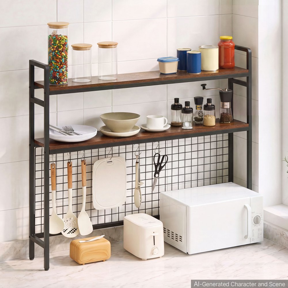 VEVOR Desktop Bookshelf 3-Tier Countertop Storage Hutch with Grid Black, for Computer Desk, Metal Frame and Wooden Shelf, with Non-Slip Feet Pads, Desk Hutch Storage Organizer for Dorm, Home, Office