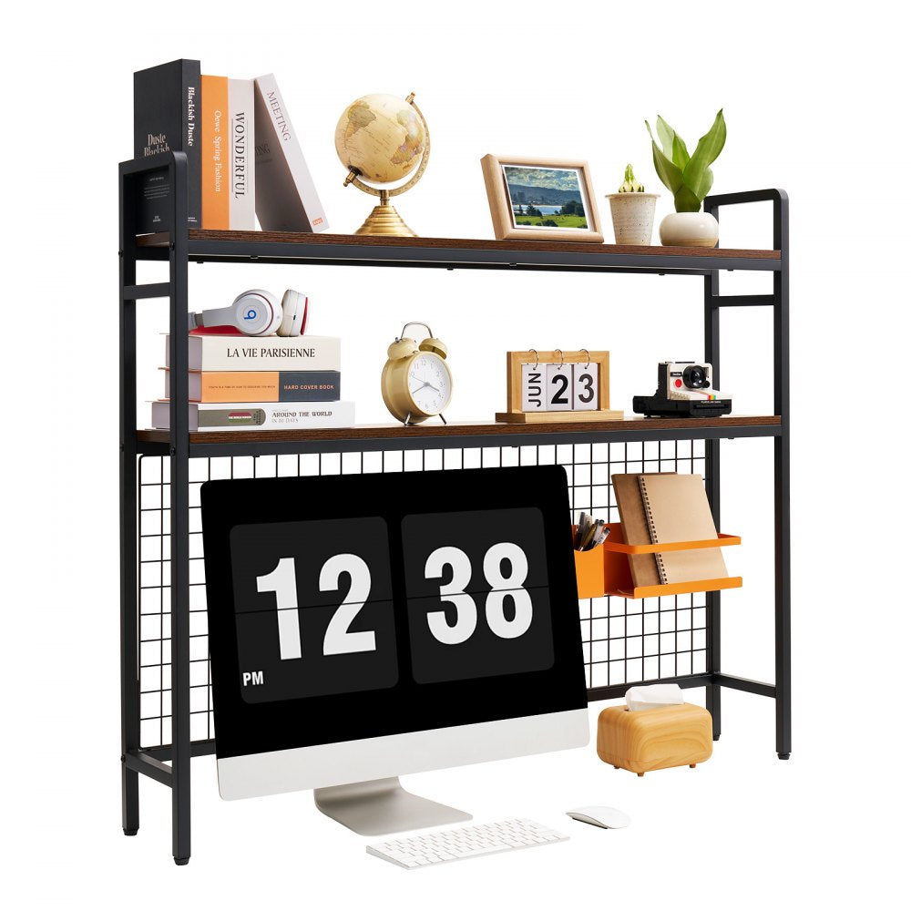 VEVOR Desktop Bookshelf 3-Tier Countertop Storage Hutch with Grid Black, for Computer Desk, Metal Frame and Wooden Shelf, with Non-Slip Feet Pads, Desk Hutch Storage Organizer for Dorm, Home, Office