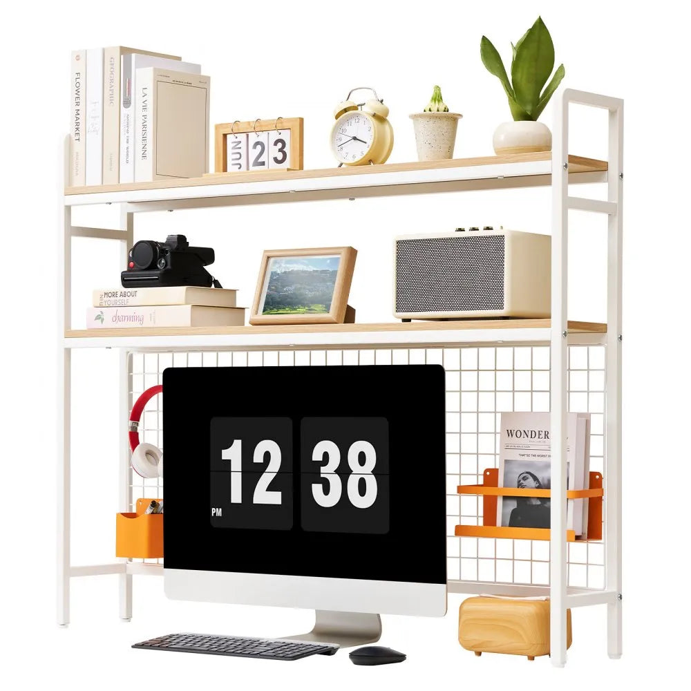 VEVOR Desktop Bookshelf 3-Tier Countertop Storage Hutch with Grid White, for Computer Desk, Metal Frame and Wooden Shelf, with Non-Slip Feet Pads, Desk Hutch Storage Organizer for Dorm, Home, Office